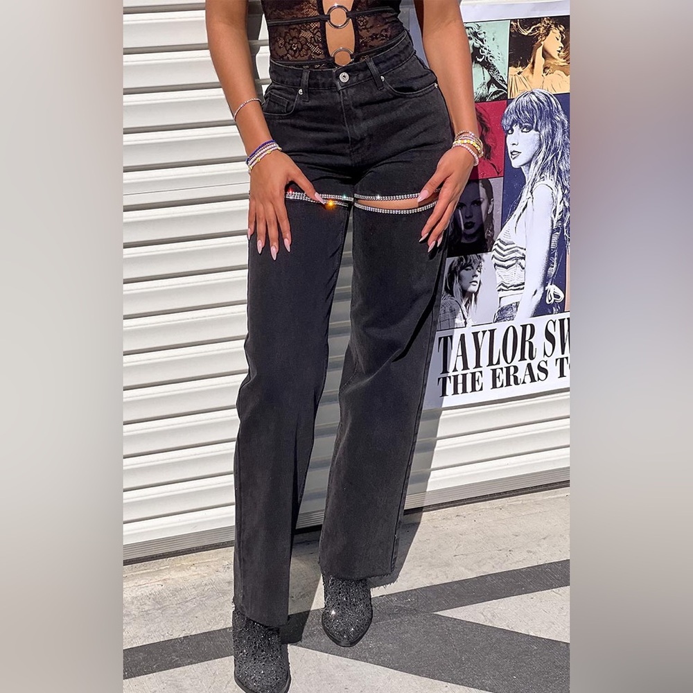 Beginning Boutique Gem Diamante Trim Wide Leg Black Denim Jeans